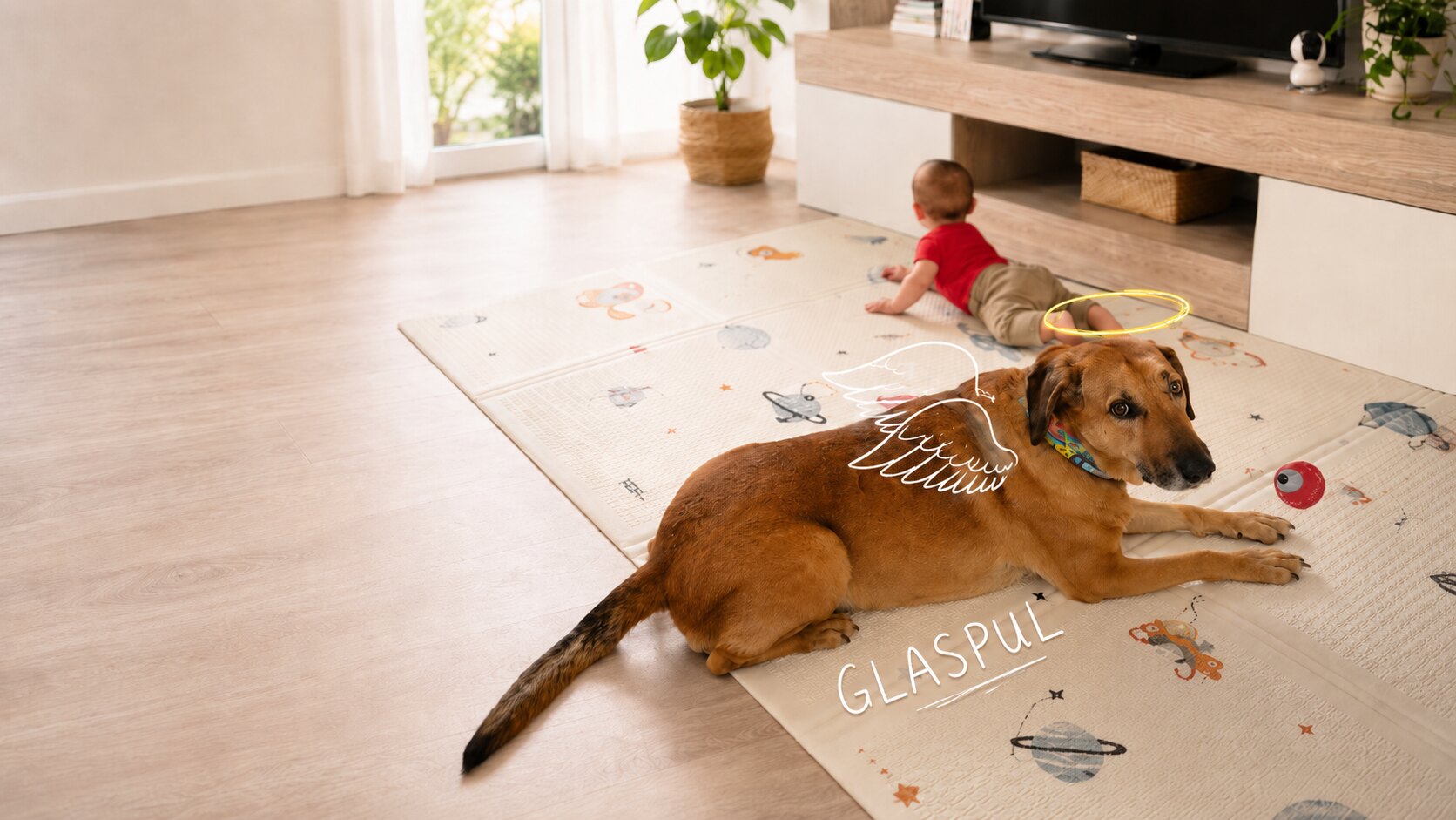 Family living room with a child and dog